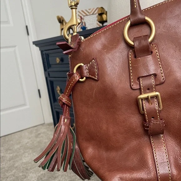 Dooney & Bourke Dark Brown Leather Florentine Satchel with Tassel Accent - Picture 5 of 9